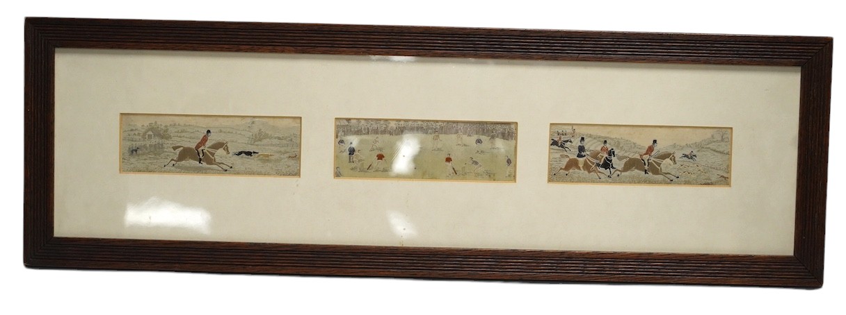 Three Stevengraphs, framed in one, including the cricketing scene, 'The First Over'. Condition - fair to good